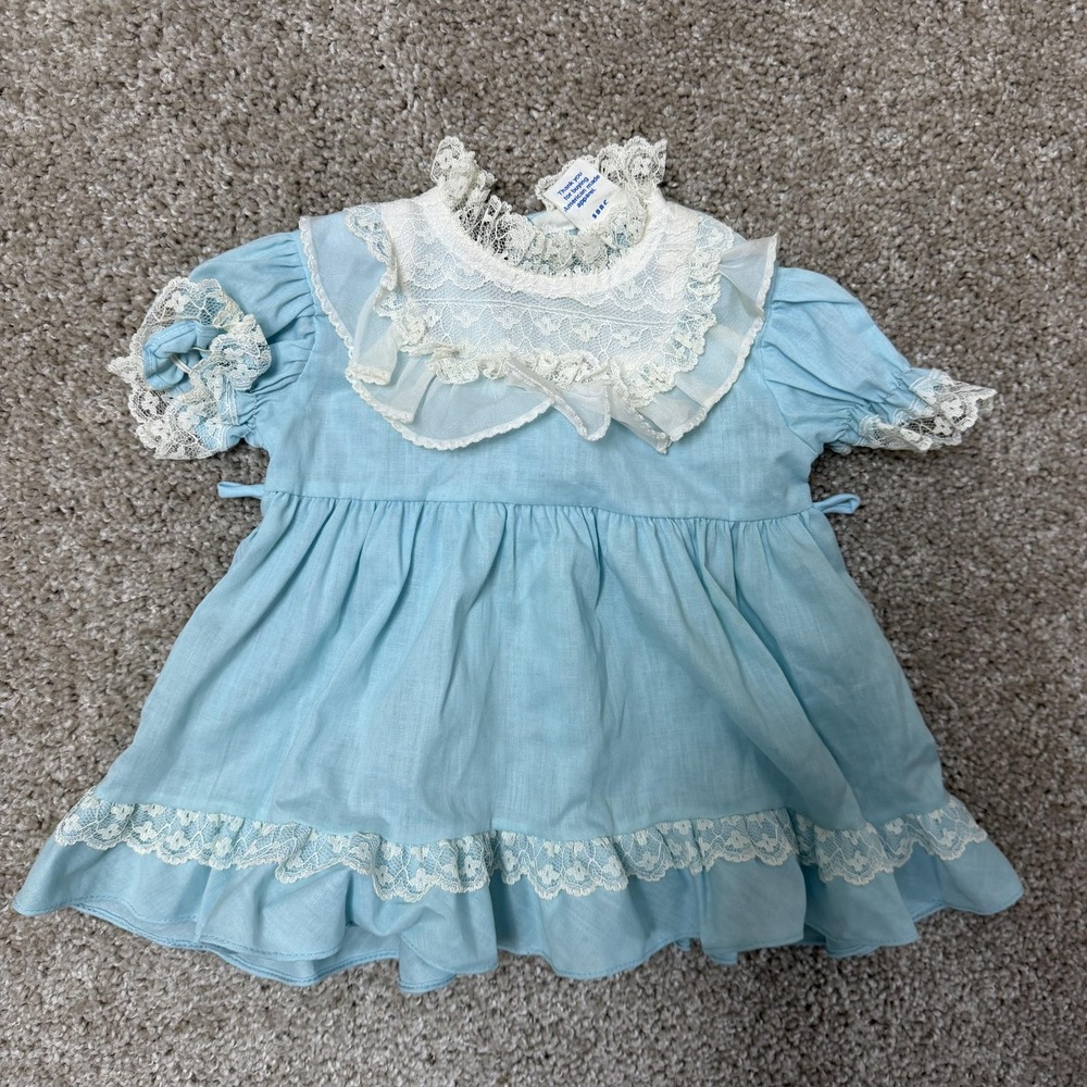 Vintage Baby Dress Girls Newborn Blue Lace Ruffle Fit & Flare USA Party Formal